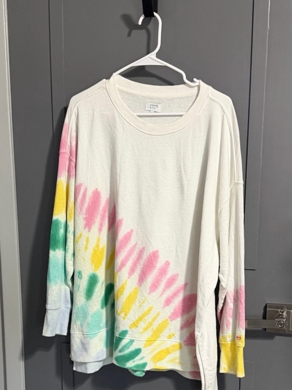 crown & ivy Cream Tie-Dye Crewneck Sweatshirt with Pink, Yellow & Green